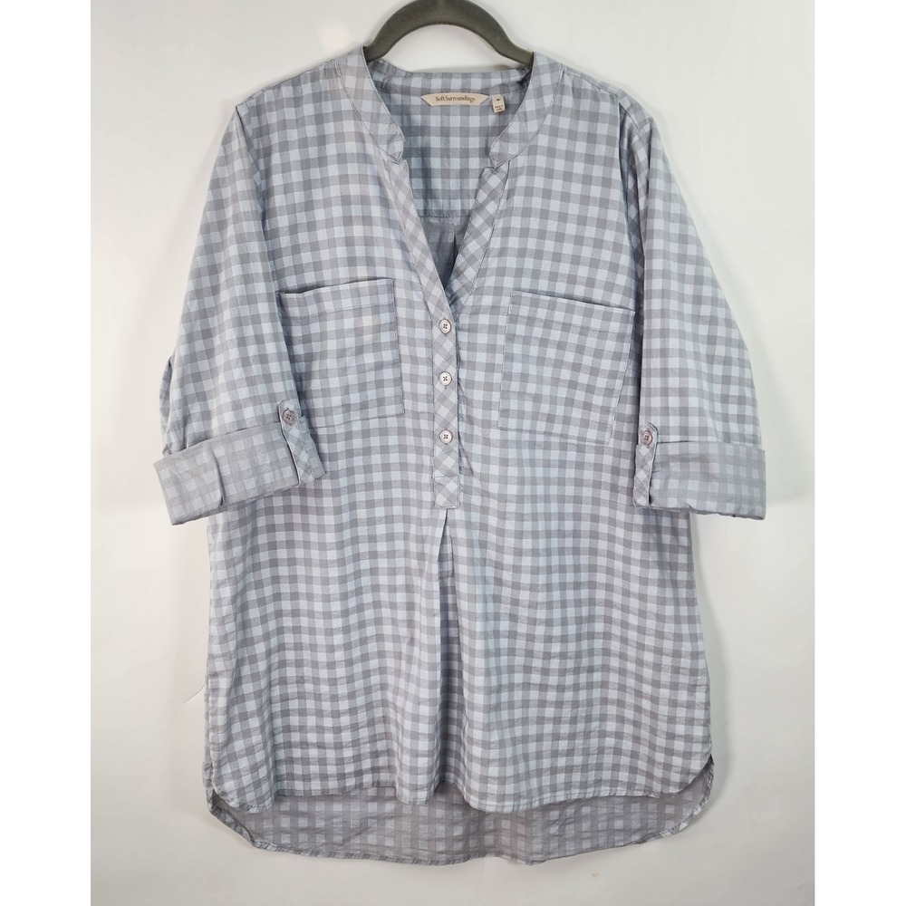 Soft Surroundings Plaid Tunic Women's M Gray White Roll Tab Sleeve V-Neck